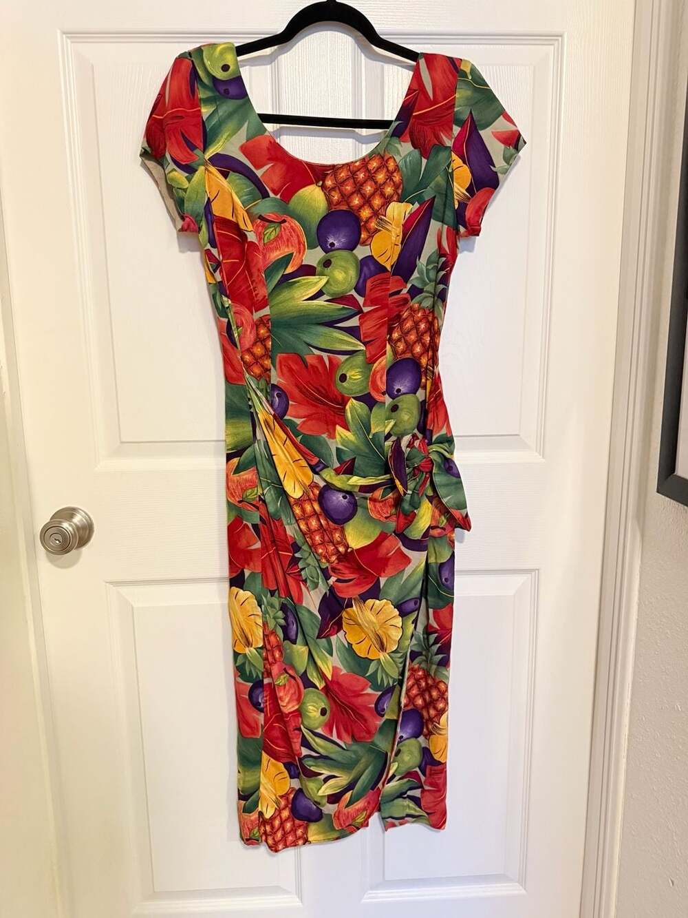 Jessica Howard Vintage Tropical Fruit Print Midi Dress with Side Tie